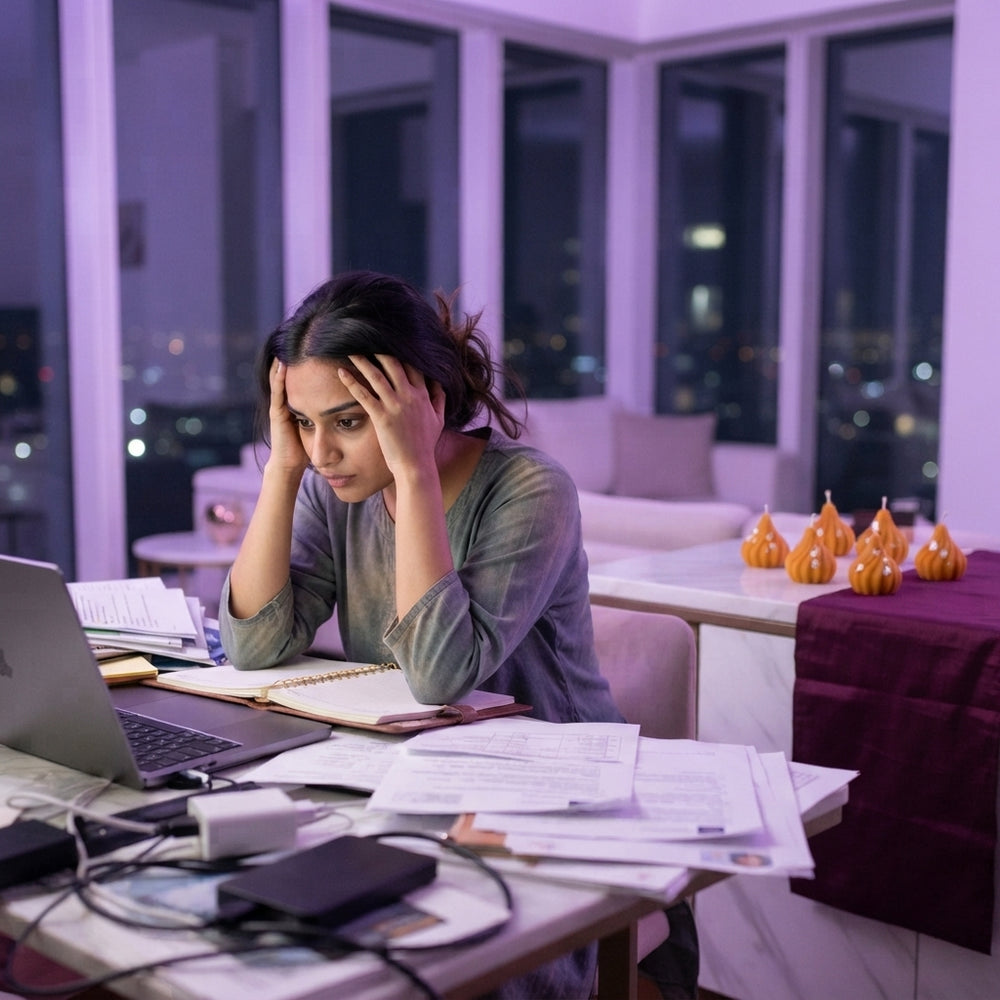 A woman working at a desk in a modern apartment with soft purple lighting and modak-shaped candles in the background.